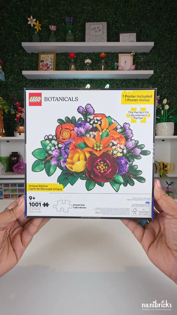 Back of the LEGO Botanicals Purple Flower Arrangement Puzzle box showing the completed die-cut bouquet, finished size, and product details