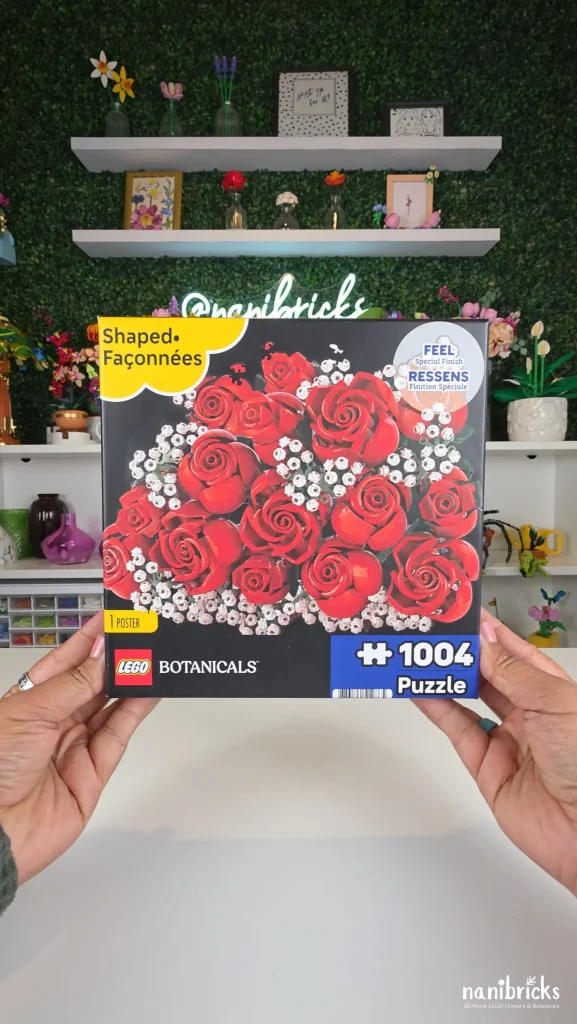 Front of the LEGO Botanicals Rose Die-Cut Puzzle box featuring a bouquet of red LEGO roses with white baby's breath flowers