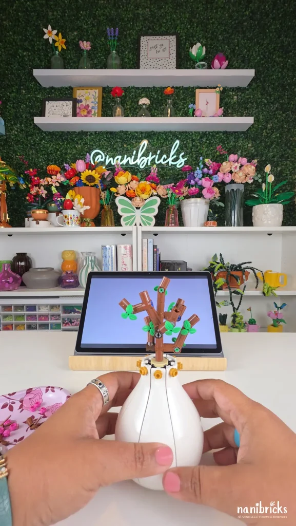 Building the branch structure of the LEGO Peach Flower Pot (6317939) while following digital instructions
