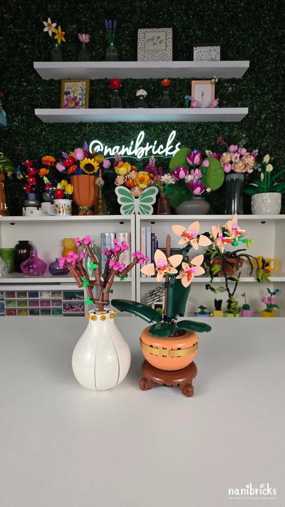 LEGO Peach Flower Pot (6317939) displayed beside the LEGO Mini Orchid for size and styling comparison