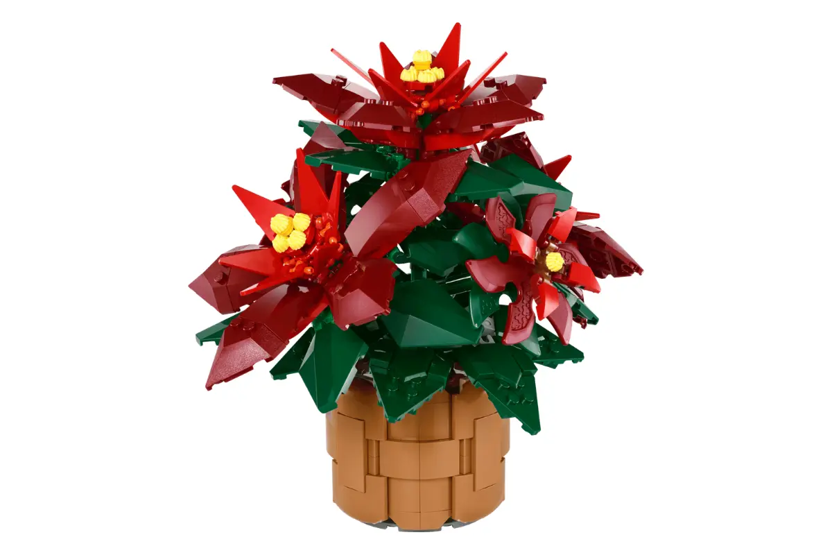 LEGO Botanicals Poinsettia (10370) featuring red bracts, green leaves, and a woven basket-style pot.