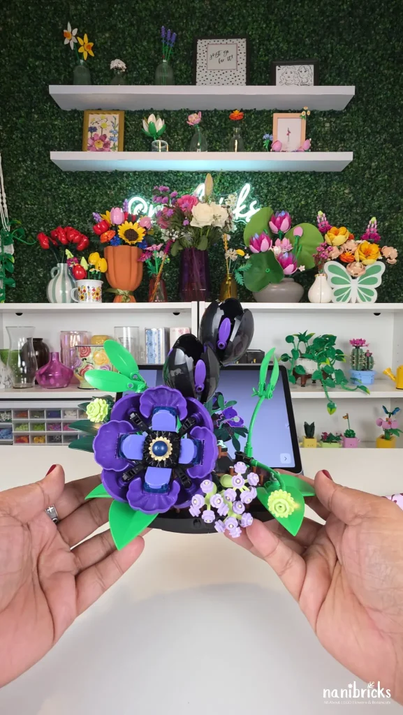 LEGO Botanicals Dark Flower Arrangement 11513 after Bag 3 with purple anemone and mistflower