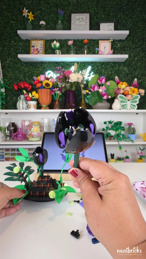 Black tulip from LEGO Botanicals Dark Flower Arrangement 11513 with purple petal details